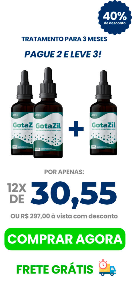 Três frascos de GotaZil, um suplemento alimentar de 30ml com sabor de abacaxi em gotas.
