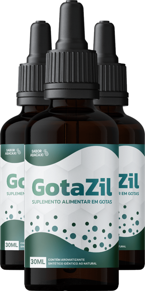 Três frascos de GotaZil, um suplemento alimentar de 30ml com sabor de abacaxi em gotas.