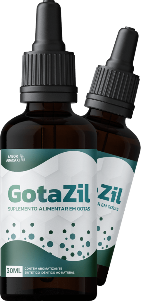 Dois frascos de GotaZil, um suplemento alimentar de 30ml com sabor de abacaxi em gotas.
